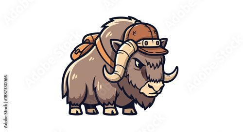 Cartoon musk ox character with a hat and backpack on a white background, staring