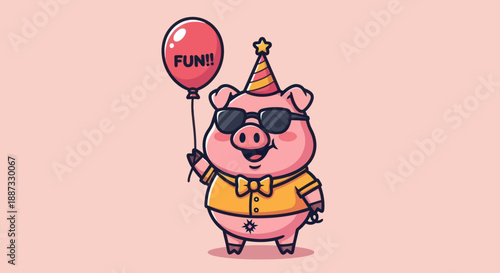 A cartoon pig wearing sunglasses, party hat, and bow tie, holding a balloon that says "FUN!!