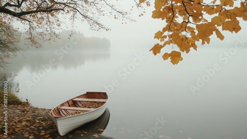 A Small Rowboat Resting on the Shore of a Quiet Lake Surrounded by Autumn Foliage in Misty Atmosphere