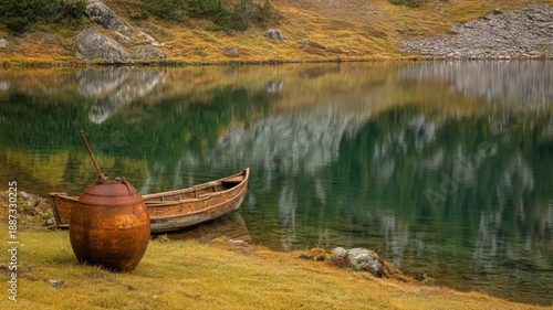 A Small Rowboat Resting on the Shore of a Quiet Lake Surrounded by Nature's Serenity