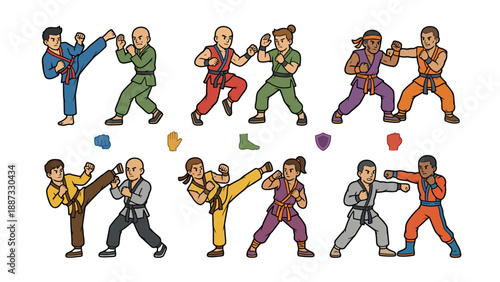 Diverse Cartoon Kids & Teenagers Practicing Martial Arts Poses. Set of Young Fighters Training Karate, Kung Fu, Taekwondo.