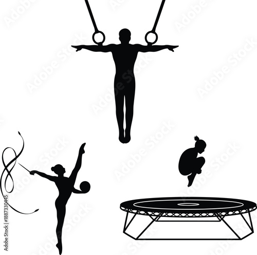 Gymnastics and acrobatics silhouettes rings dancer trampoline jumper athlete performance art sports fitness vector