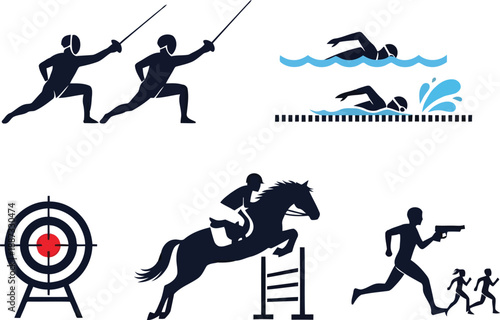 Diverse olympic sports icons silhouette set equestrian fencing swimming archery running athletes vector