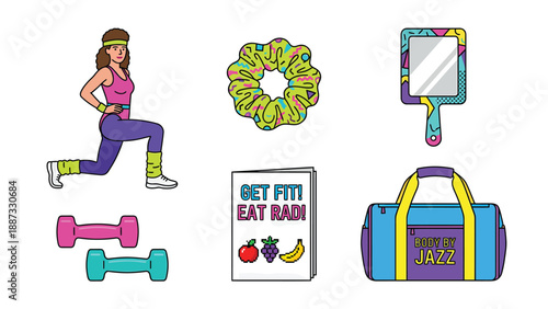Colorful 80s Fitness Icons: Workout Woman, Dumbbells, Scrunchie, Gym Bag & Retro Accessories Illustration Set