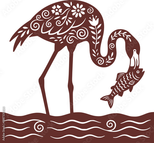 Decorative silhouette of a flamingo foraging on the lake