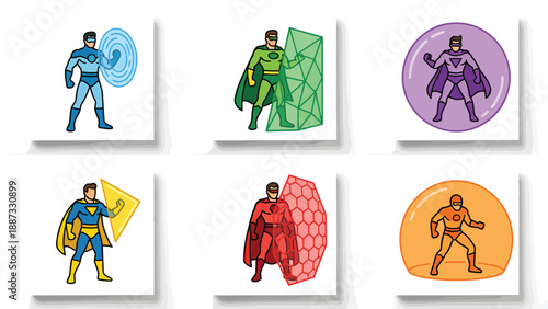 Cartoon Superhero Set with Shields and Protective Bubbles