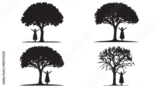 Person Silhouette with Arms Raised Under Tree Isolated Vector Set