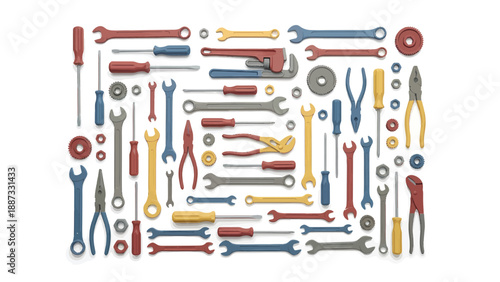 Tool Arrangement: Assorted Hand Tools Flat Lay on White Background