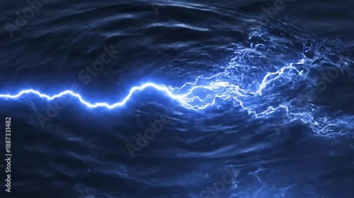 Dramatic blue lightning strikes electrify dark rippling water surface with radiant energy waves