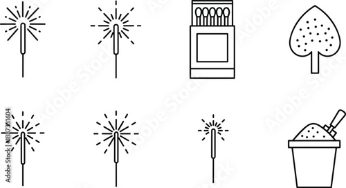 Matchstick and matchbox vector illustration set isolated on white background, fire ignition symbols, minimalist line icons for safety, camping, survival and household utility design