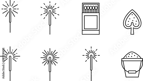 Matchstick and fire starter icon set featuring sparks, matchbox, lighter and ignition symbols, minimalist outline vector illustrations for safety, hazard and flammable warning design use