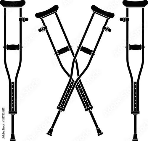 Medical crutches silhouette set for injury recovery and rehabilitation, orthopedic walking support equipment, black and white vector illustration isolated on white background for healthcare use