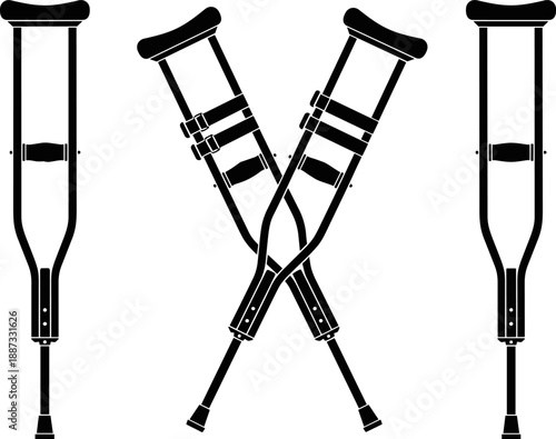 Medical crutches silhouette set showing crossed and standing positions, orthopedic mobility aid concept for injury recovery, disability support, 