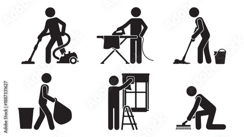 Stick Figures Performing Household Chores and Cleaning Tasks Isolated on White