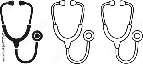 Medical stethoscope vector illustration set isolated on white background, healthcare diagnostic equipment icons, doctor tools, monochrome line art design for 