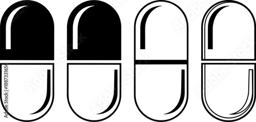 Medicine capsule pill icon set in black and white, pharmaceutical drug symbol collection, minimal vector illustration isolated on white background for healthcare and medical design use