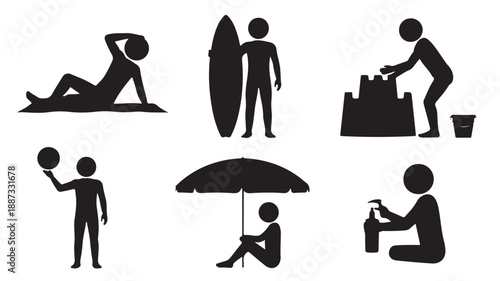 Beach Activities People Silhouettes Vector Icons Set Isolated on White