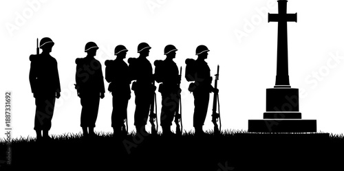 Military memorial silhouette illustration showing soldiers standing in respect beside a cross monument symbolizing remembrance, sacrifice, honor, 