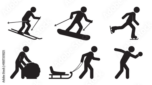 Stick Figures Winter Sports Icons Set Skiing Snowboarding Ice Skating Sledding Isolated on White