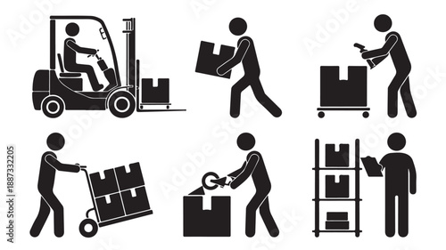 Logistics and warehouse workers pictogram set in flat black and white vector illustration for supply chain management and delivery services.