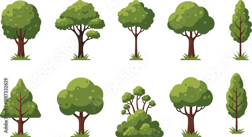 Flat vector tree illustration set with various green forest shapes, cartoon nature elements, eco friendly design assets isolated on white background graphics