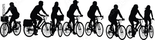 Silhouettes of Diverse Cyclists Riding Bicycles in Group Line, Active Lifestyle, Commuting, Eco Friendly Transportation Concept on White Background Minimalist Illustration Outdoor Exercise