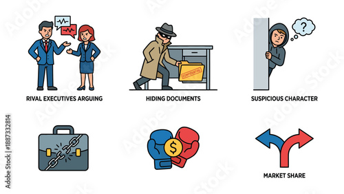 Business Conflict & Strategy Icon Set: Rivalry, Market Share, Espionage & Financial Challenges