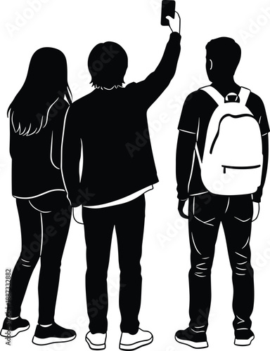 Three young people silhouettes taking selfie together, rear view, isolated on white background, representing friendship, travel, youth lifestyle, social media, technology, and modern group bonding