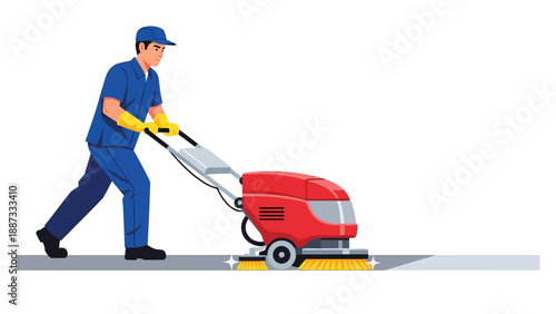 Floor Cleaning Illustration: Janitor with Scrubber