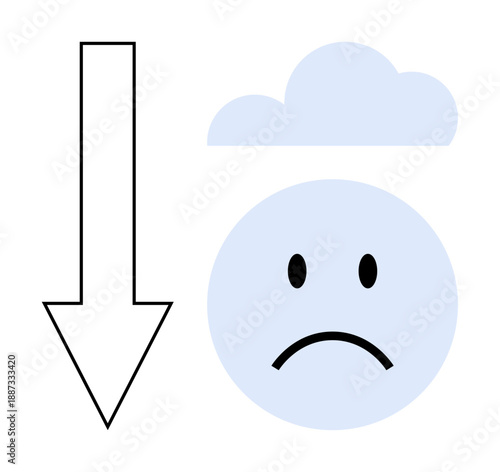 Emotional sadness. Sad face under a cloud with a downward arrow challenges, decline, or emotional distress. Emotional sadness affects mood, mental health, and decision-making. For psychology