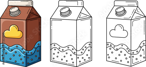 Milk carton packaging illustration set showing colored and outline versions, dairy beverage container design, cute modern vector style isolated on white 