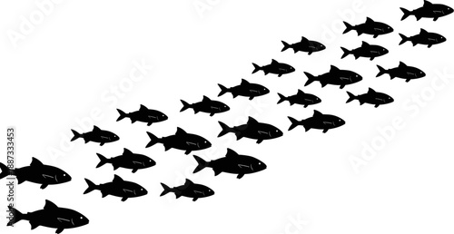 Minimalist fish school silhouette illustration symbolizing teamwork, leadership, and collective movement in underwater marine life concept isolated on white background vector art design