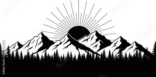 Minimalist black and white mountain landscape with sunrise over peaks and pine forest silhouette, nature wilderness illustration, outdoor adventure and scenic landscape background