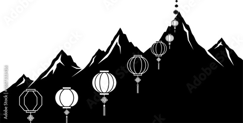 Minimalist black and white mountain landscape with traditional lanterns symbolizing Asian culture, harmony and celebration, 