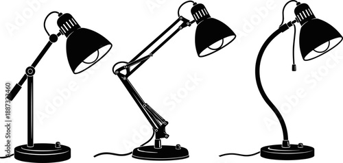 Modern desk lamp silhouette set featuring adjustable table lighting designs, minimalist home office illumination concept, black and white vector illustration isolated on white background