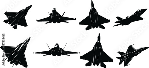 Modern fighter jet silhouettes set displaying military aircraft from multiple angles, sleek black vector illustrations for aviation, defense, air force, combat and technology themed design projects