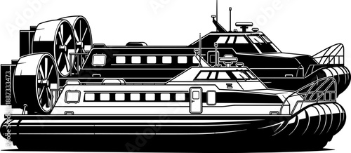 Modern hovercraft vessel illustration showing amphibious marine transport and rescue capabilities, black and white vector design isolated on white background for military and engineering concepts