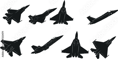 Modern military fighter jet silhouettes set showing multiple angles of combat aircraft, isolated on white background, aviation defense concept, tactical air force illustration.