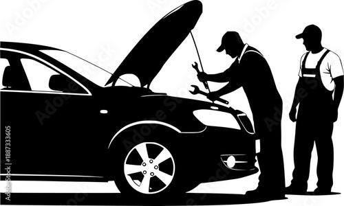 Silhouette Mechanic repairing car with open hood vector 