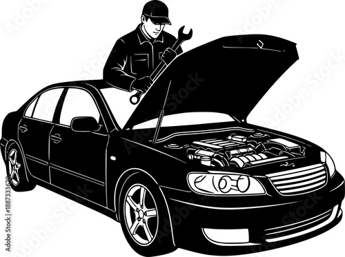 Silhouette Mechanic repairing car with open hood vector 