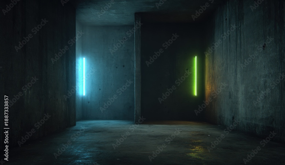 Fototapeta premium Concrete room with lit vertical neon lights casting color on the walls and floor