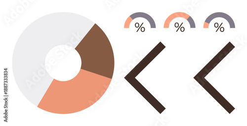 Data analysis, business reports, marketing, progress tracking, user interface, infographics. Donut chart, percentage symbols angled arrows. Data visualization and progress tracking concept