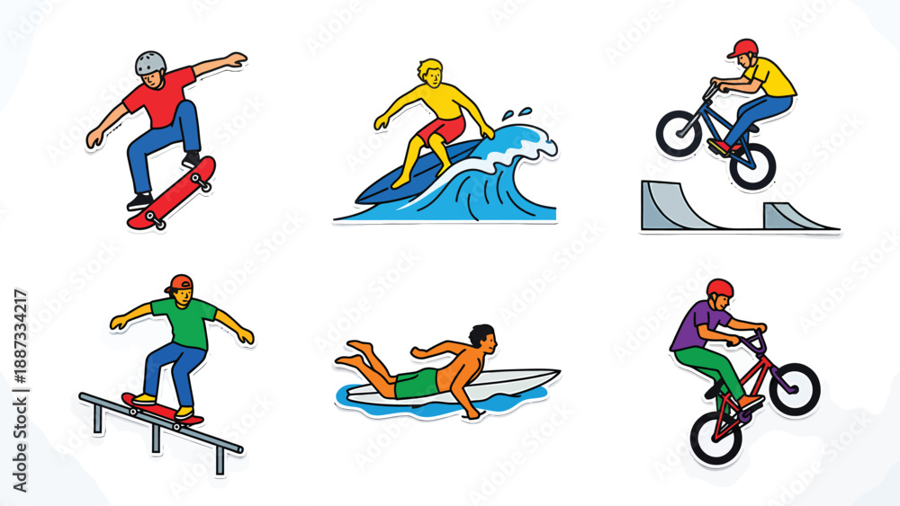 Naklejka premium Extreme Sports Icons: Skateboard, Surfboard, BMX Bike, Swimmer