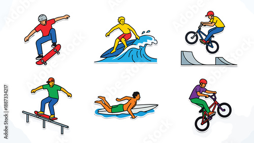 Extreme Sports Icons: Skateboard, Surfboard, BMX Bike, Swimmer