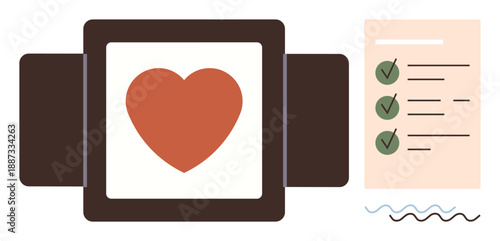 Health awareness, personal goals, wellness priorities, task management, progress tracking, self-care. A heart and checklist. Health awareness and personal goals visualization