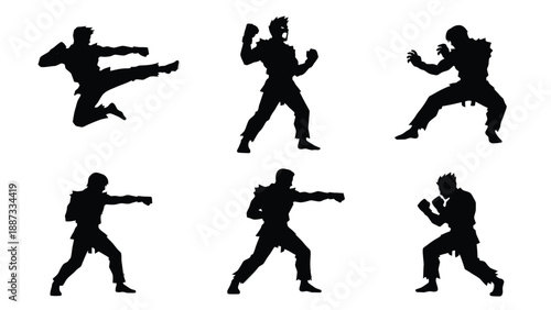 Martial Arts Silhouettes: Karate, Kickboxing, and Combat Poses