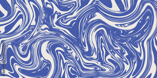 Blue wavy lines abstract background. Trendy psychedelic retro style backdrop. Waves, swirl and twirl pattern. Twisted distorted vector texture.