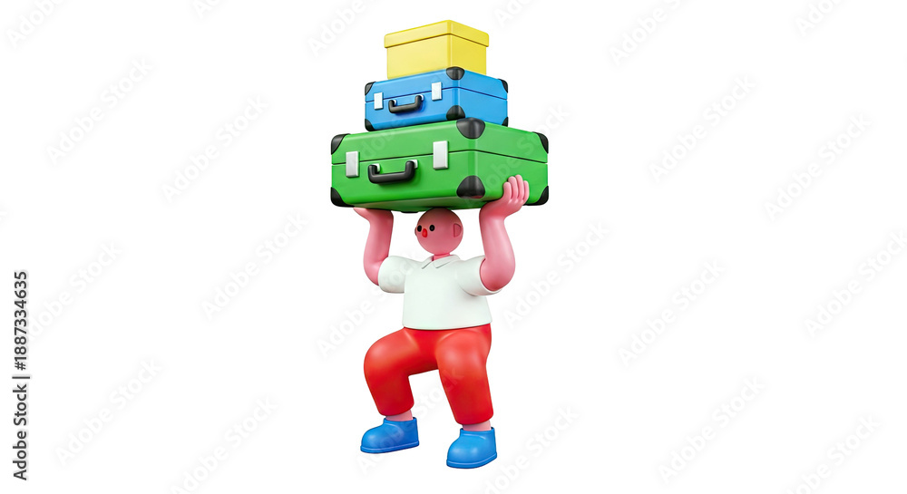 Fototapeta premium 3D Character Carrying Stack of Colorful Suitcases