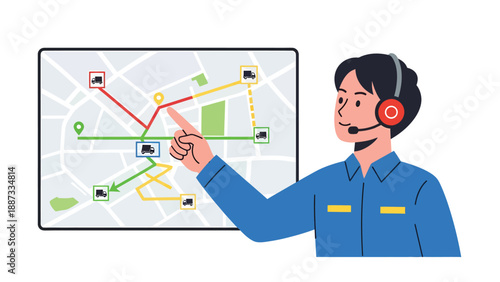 Dispatcher Tracking Delivery Routes on a Digital Map Illustration