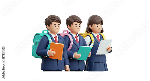 3D Rendered Students in School Uniforms with Backpacks and Books